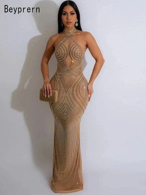 Beyprern Women's Rhinestones DÃƒÆ’Ã†â€™Ãƒâ€šÃ‚Â©cor Long Maxi Dress Glam Backless Ha