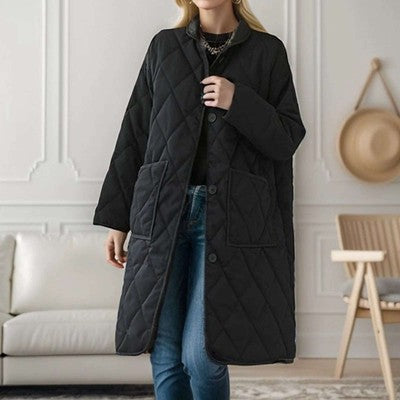 Women's Solid Color Mid Length Vintage Quilted Jacket Loose Warm Fleec