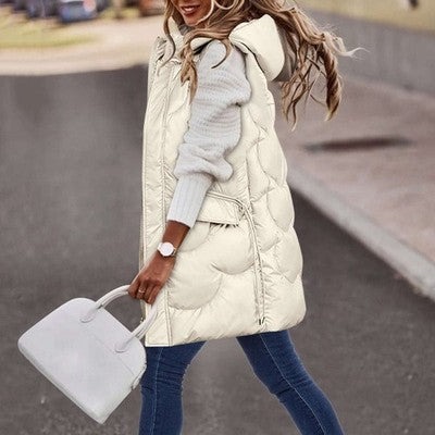 Womens Long Vest coat Quilted Faux Down Filled Hooded Autumn Winter Th