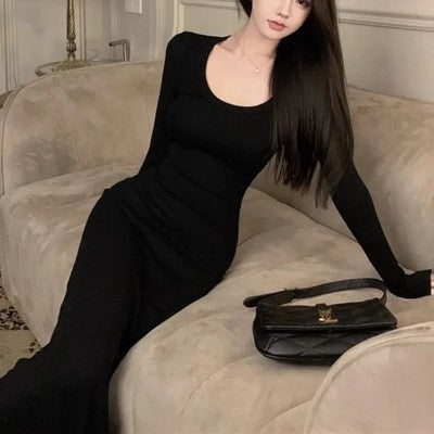 Red Long Sleeve Women's Dress Draping Bodycon Skirt Slimming Midi Dres