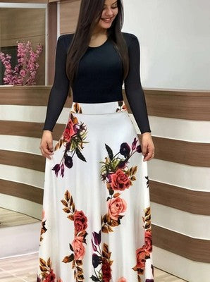 Vestido de mujer de talla grande con estampado de flores, cuello redondo, manga larga, elegante Dr