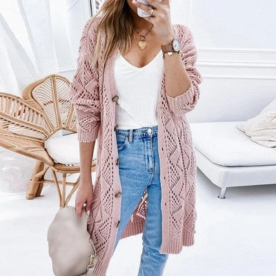 Women's Loose Crochet Sweater Coats Button-Down Solid Color Long Sleev