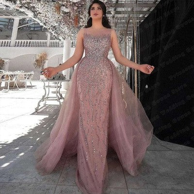 Vestidos de noche formales de boda de tul rosa de lujo personalizados de Dubái para