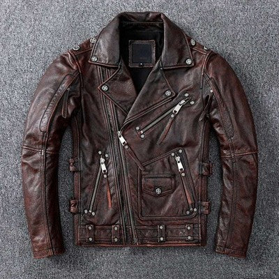 Vintage Brown Motorcycle Leather Jacket Men Natural Genuine Cowhide Ja