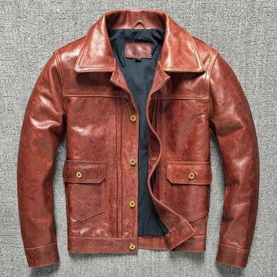 Chaqueta vintage de cuero de vaca natural marrón rojizo 506 Tooling para hombre, encerada con aceite