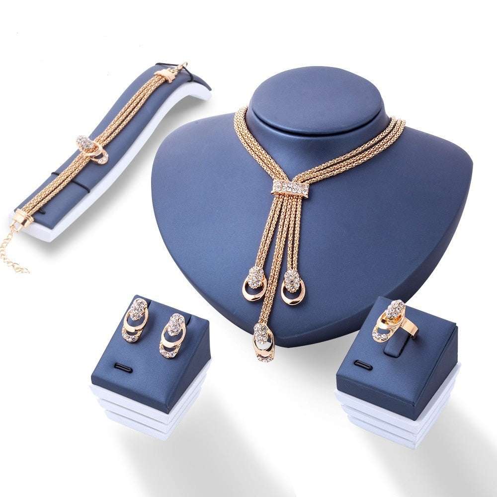 4Pcs Jewelry Set Rings Necklace Earrings Bracelet High Performance Golden Jewel image 0