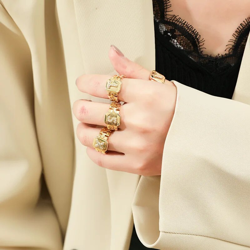 Trendy 18k Gold Plated AAA Zircon Hip Hop Adjustable  A-Z Letter Ring Watch Ban image 5