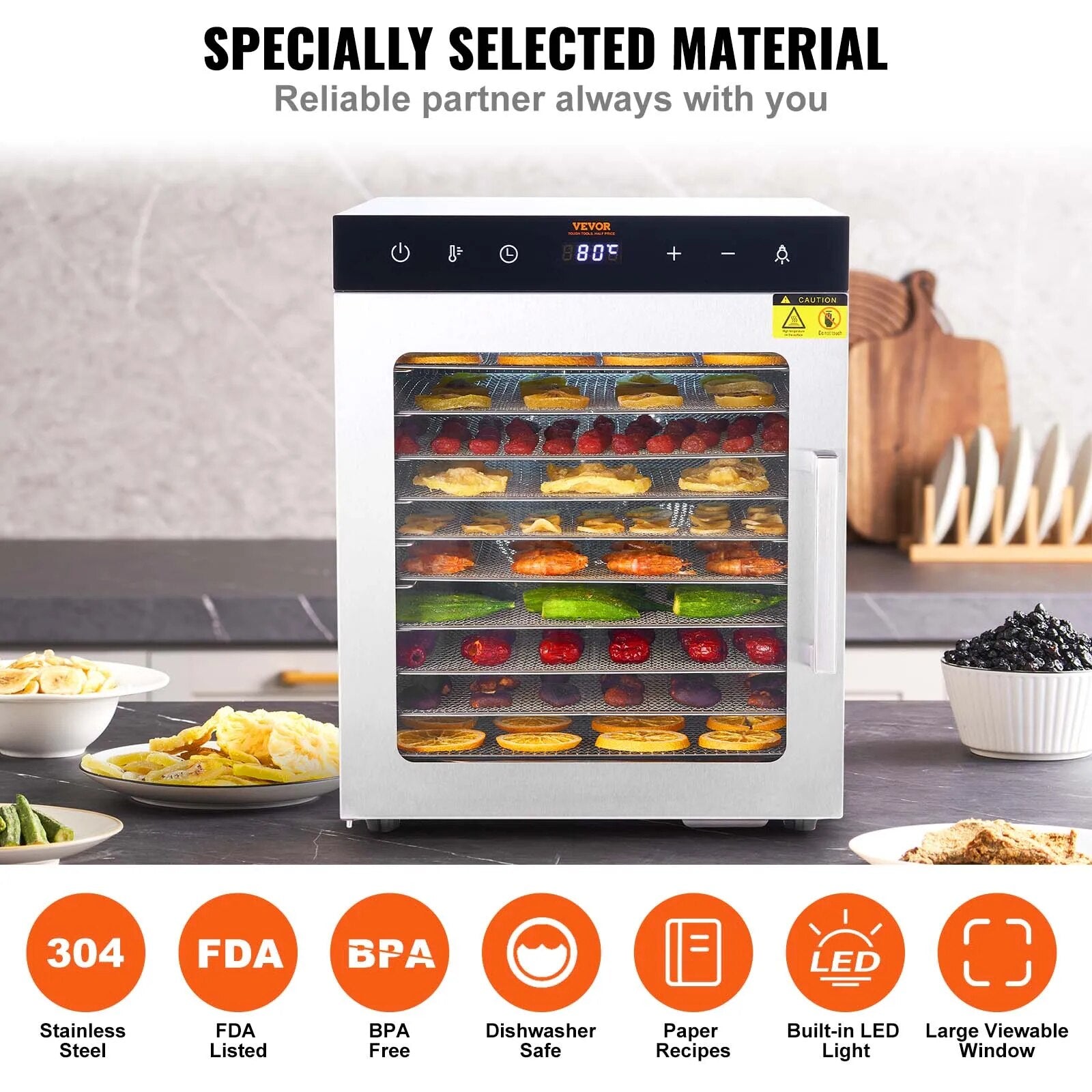 VEVOR 10 Trays Food Dehydrator Stainless Steel Machine 800W/1000W Household Veg image 6
