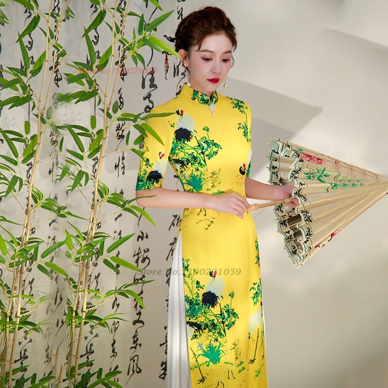 2024 vietnam aodai dress traditional chinese improved qipao national crane prin image 2