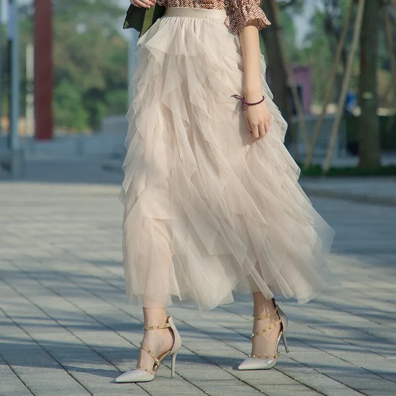 Tutu Tulle Long Maxi Skirt Women Fashion Korean Cute Pink High Waist Pleated Sk image 5