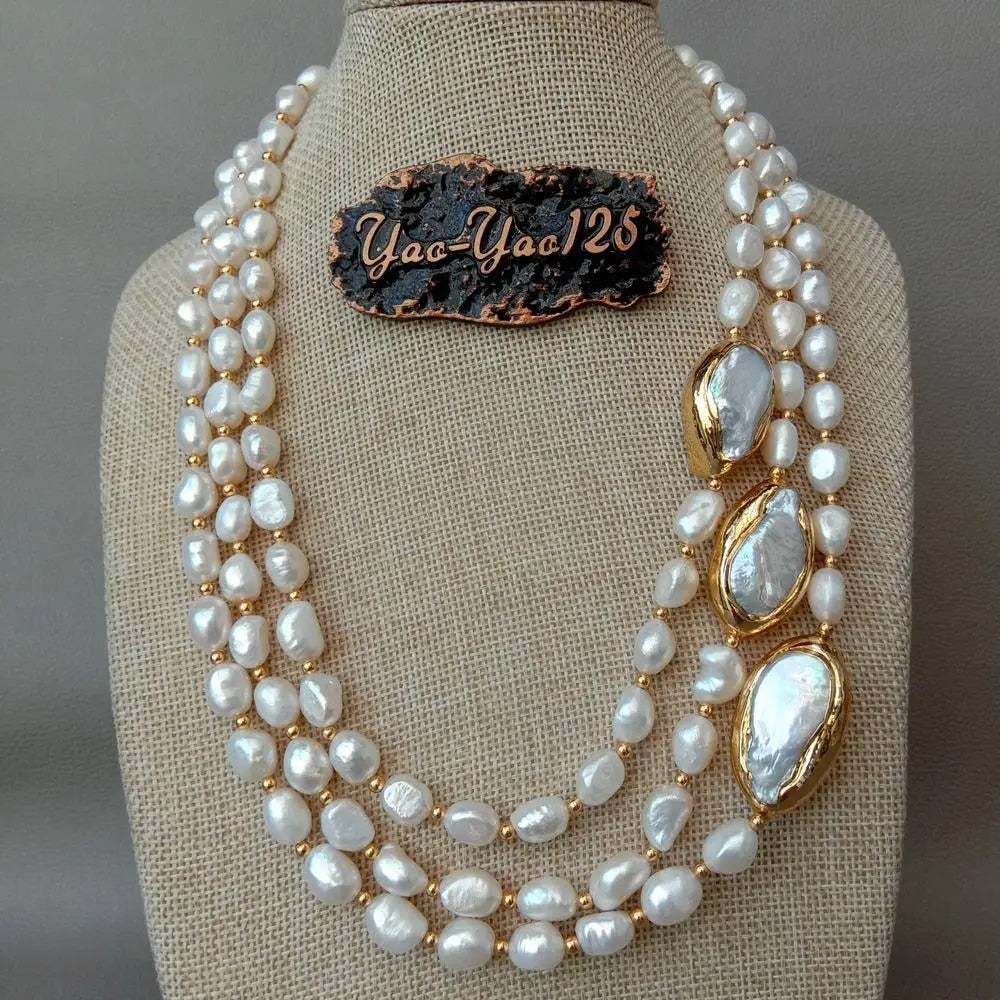 Y·YING 20" 3 rows Cultured Baroque Pearl Necklace Keshi Pearl Gold color Plated image 2