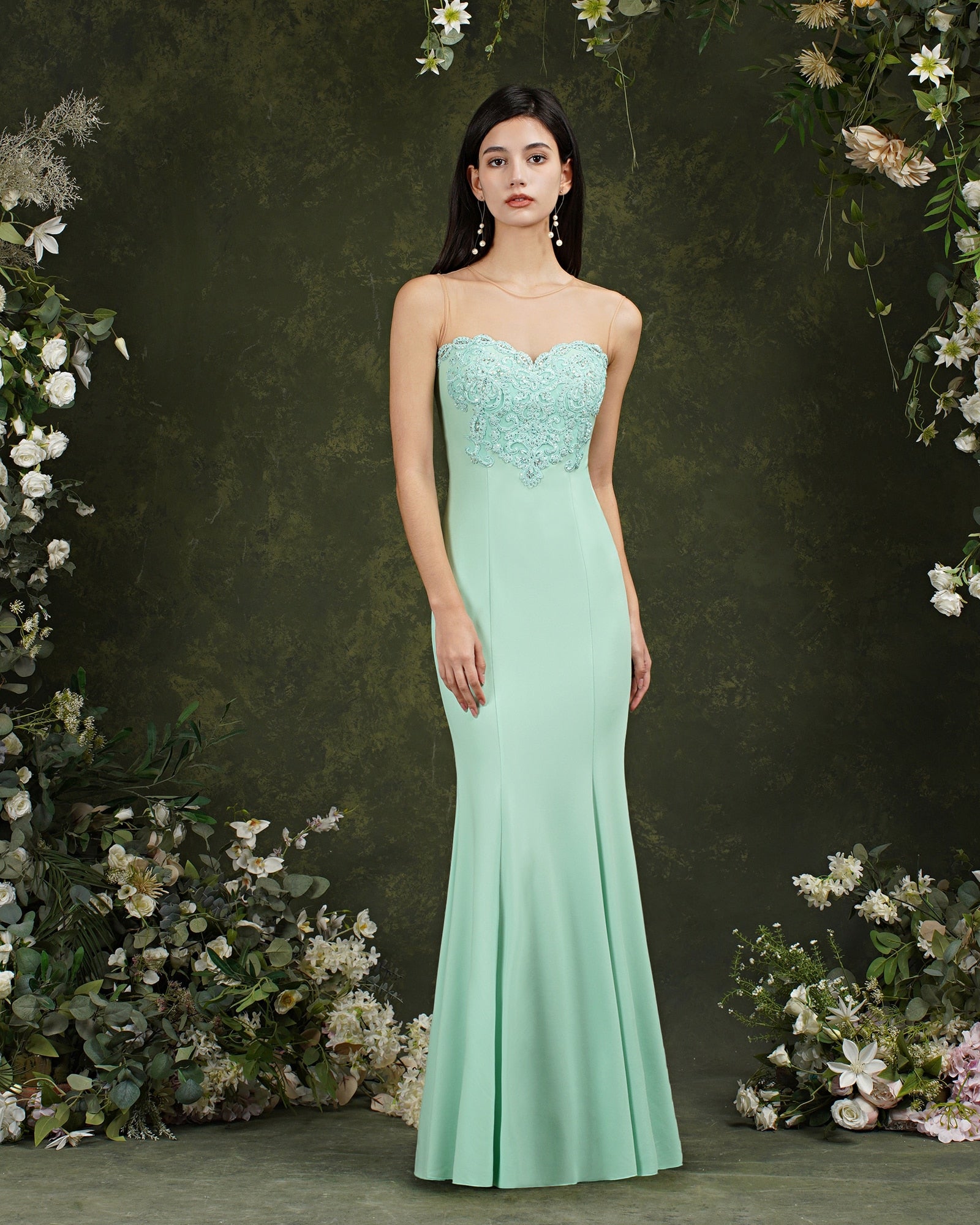 BABYONLINE Mermaid Bridesmaid Dresses Mint Green Gold Appliqués Beads Sweethear image 6