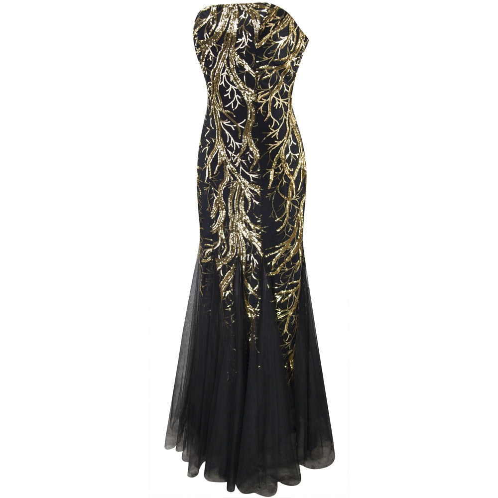 Angel-fashions Strapless Golden Branch Sequined Mermaid Full Length Formal Even image 5