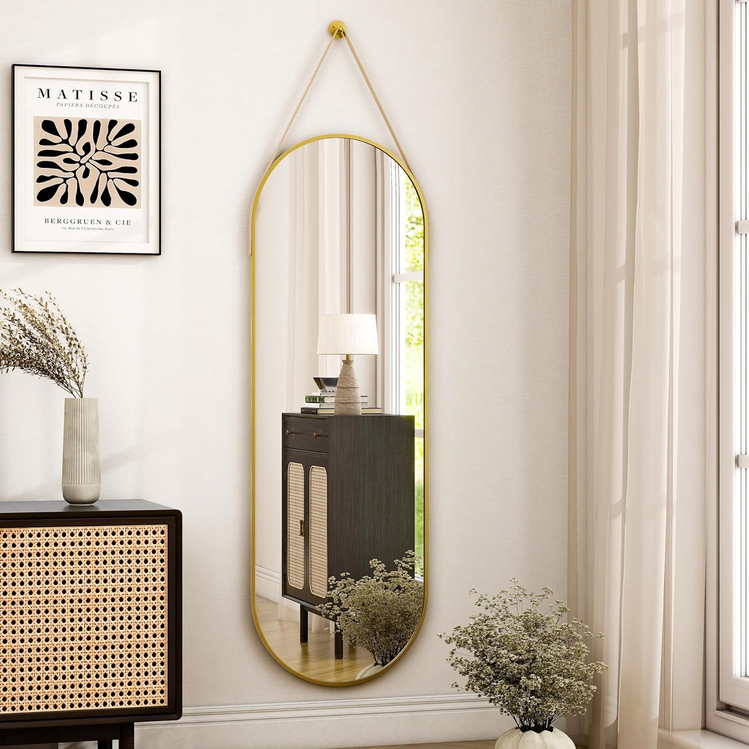 16"x48" Oval Hanging Mirror with Leather Strap Full Length Mirror Aluminum Fram image 0