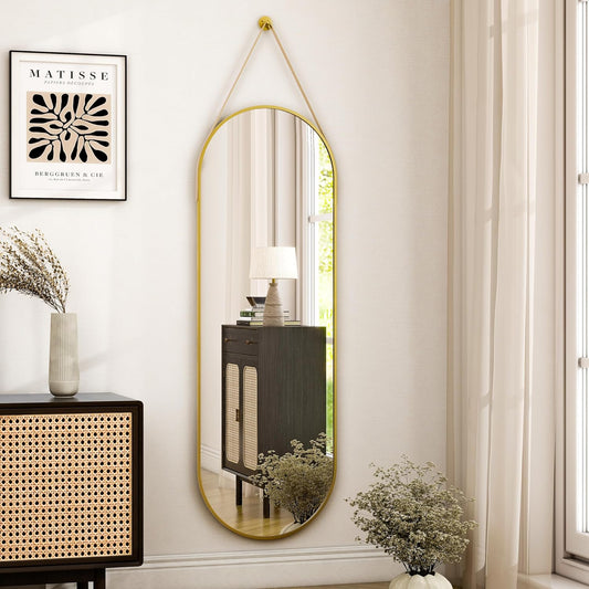 16"x48" Oval Hanging Mirror with Leather Strap Full Length Mirror Aluminum Fram image 0
