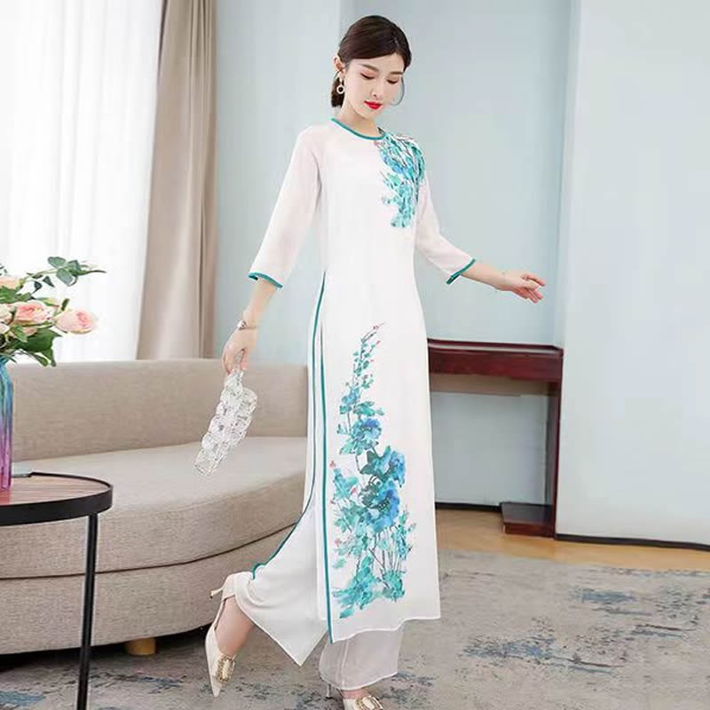 Spring Summer Ao Dai Cheongsam Folk Style Vietnam Chiffon Aodai Graceful Elegan image 6
