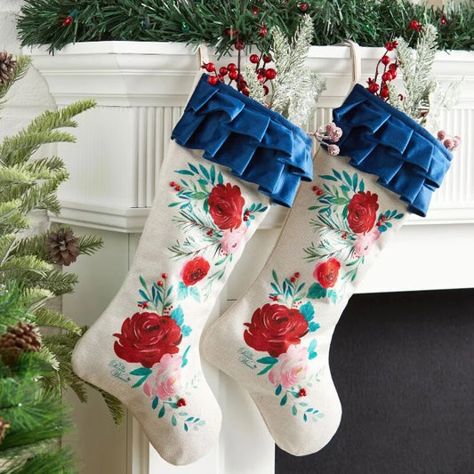 christmas decorations 2024 Set of 2 Red Roses Ruffle Christmas Stockings, 20" image 0