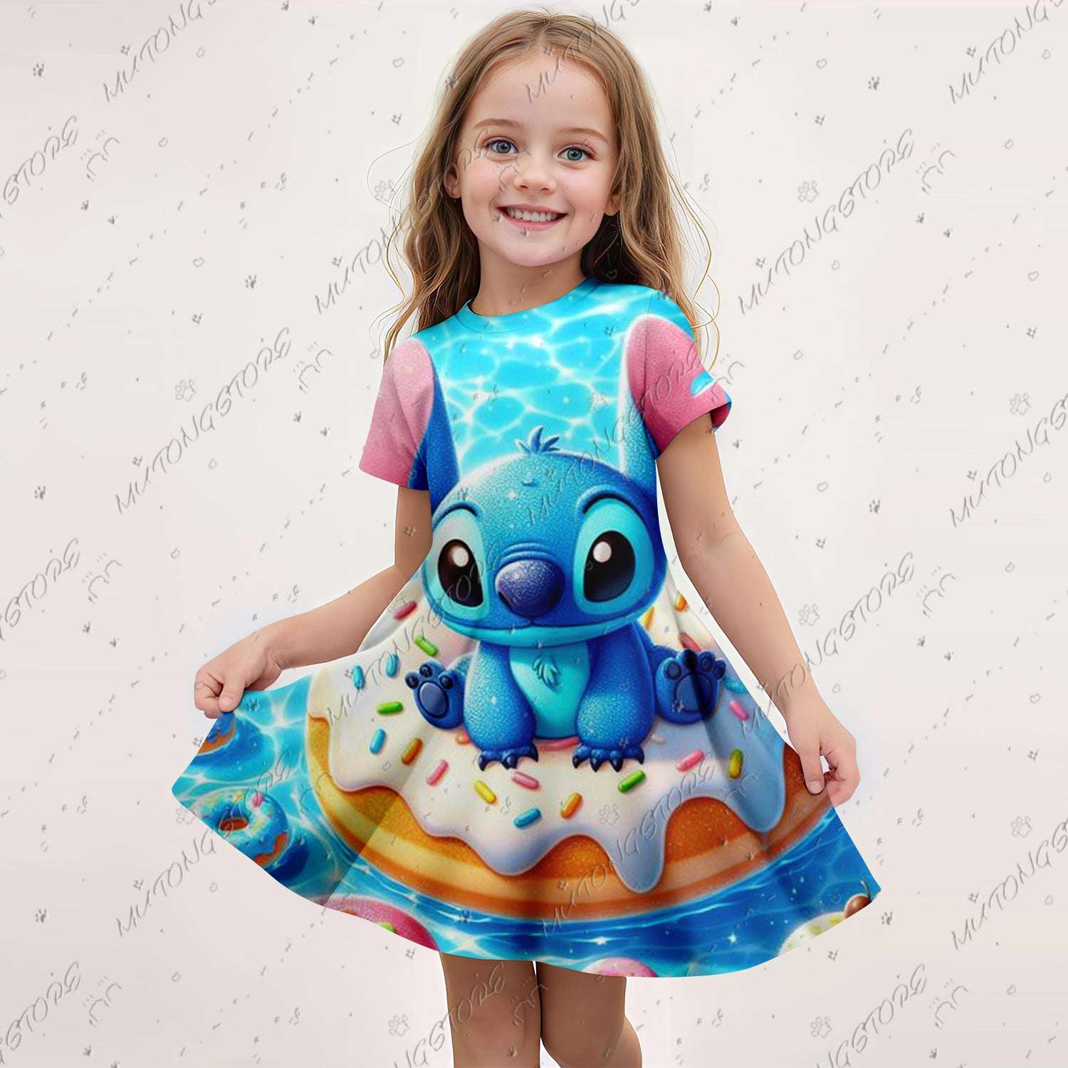2024 Summer Girls Gift Short Sleeve Dress Original Cute Stitch 3d Print Kids Sk image 6