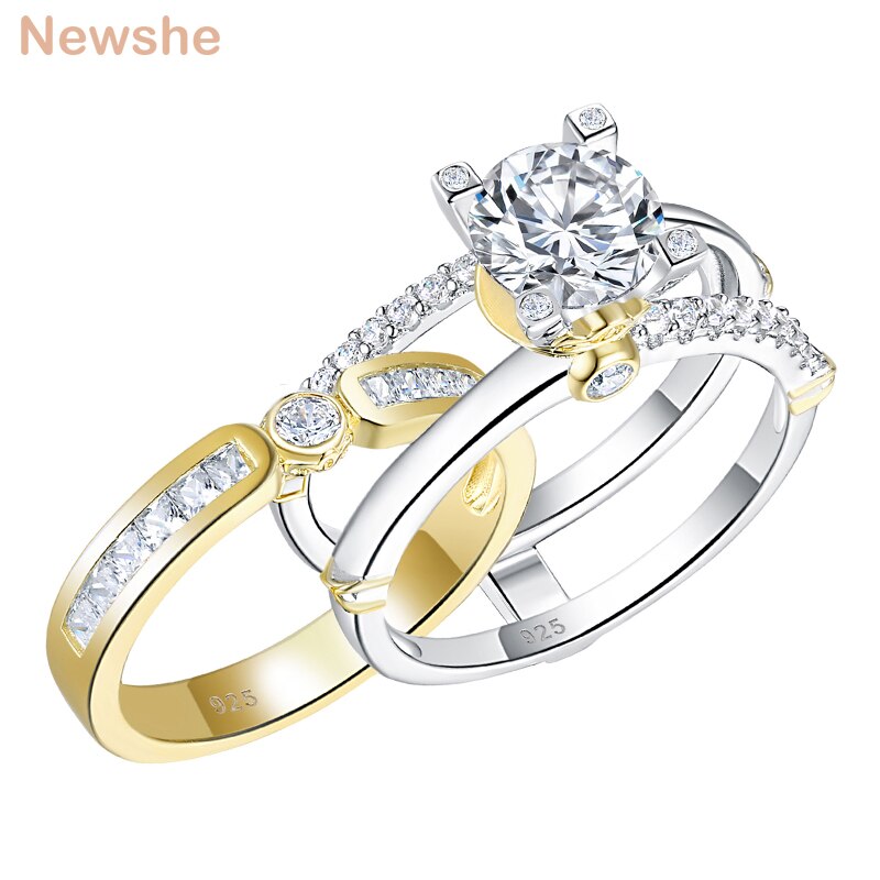 Newshe Multi Tone Yellow Gold 925 Sterling Silver Wedding Engagement Ring image 0