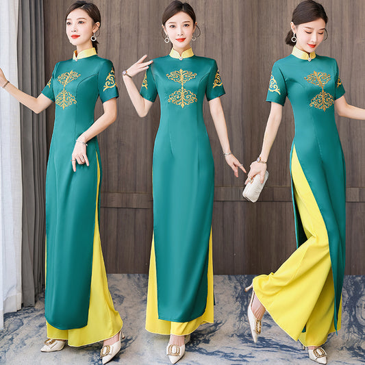 Ao Dai Vietnam Improve Qipao Green Women Fashion Long Chinese Style Two Piece S image 0