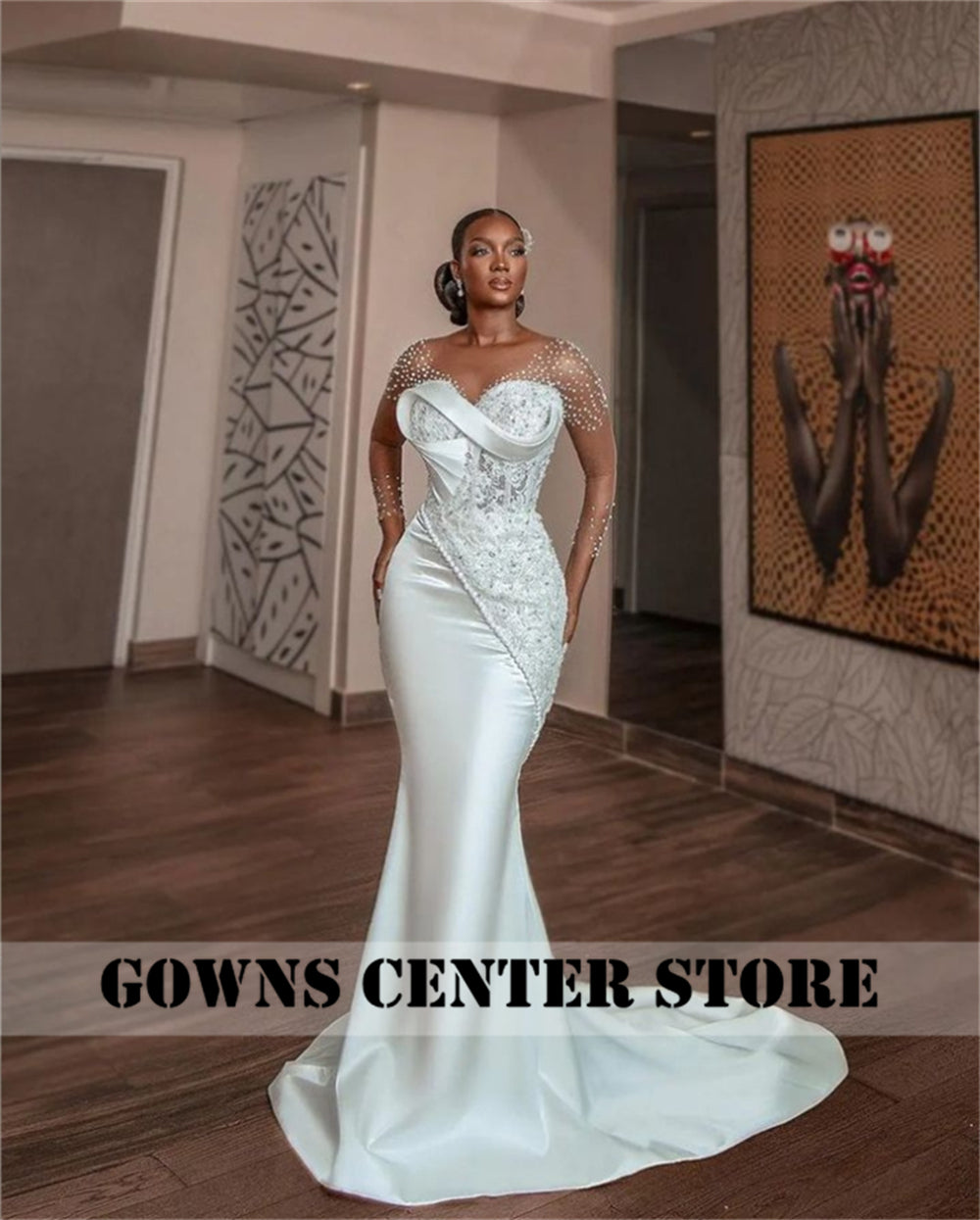 White Pearls Beaded Luxury Mermaid African Wedding Dress Mesh Long Sleeves Aso  image 1