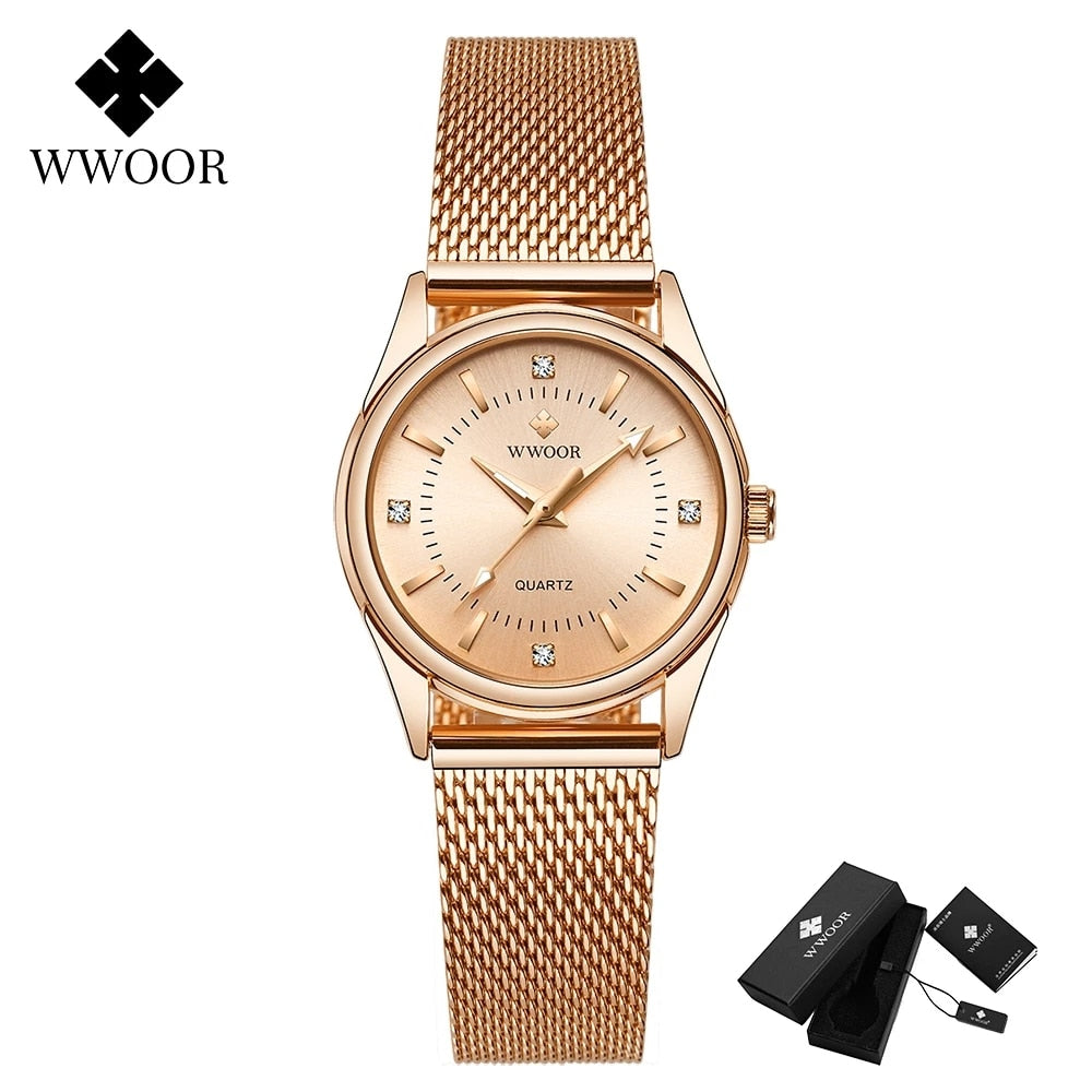2022 WWOOR Fashion Brand Ladies Watches Luxury Diamond Rose Gold Women Bracelet image 7