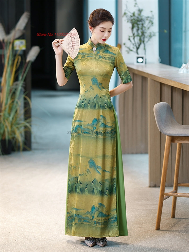 2024 traditional vietnam vintage dress aodai national flower print folk dress c image 1