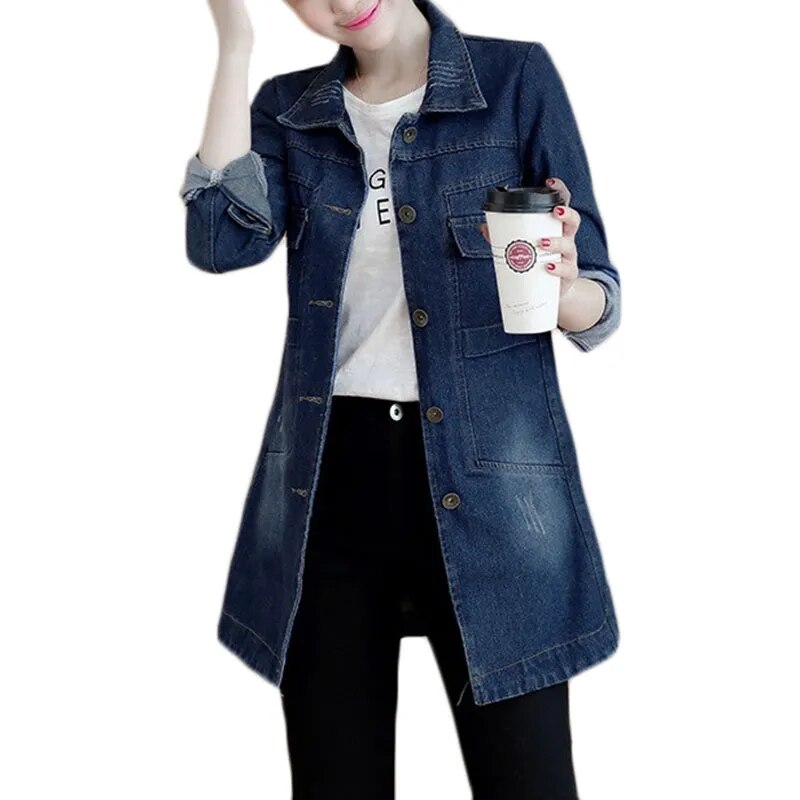 New Autumn Winter Korean Denim Jacket 5XL Women Slim Long Base Coat Women's Fra image 3