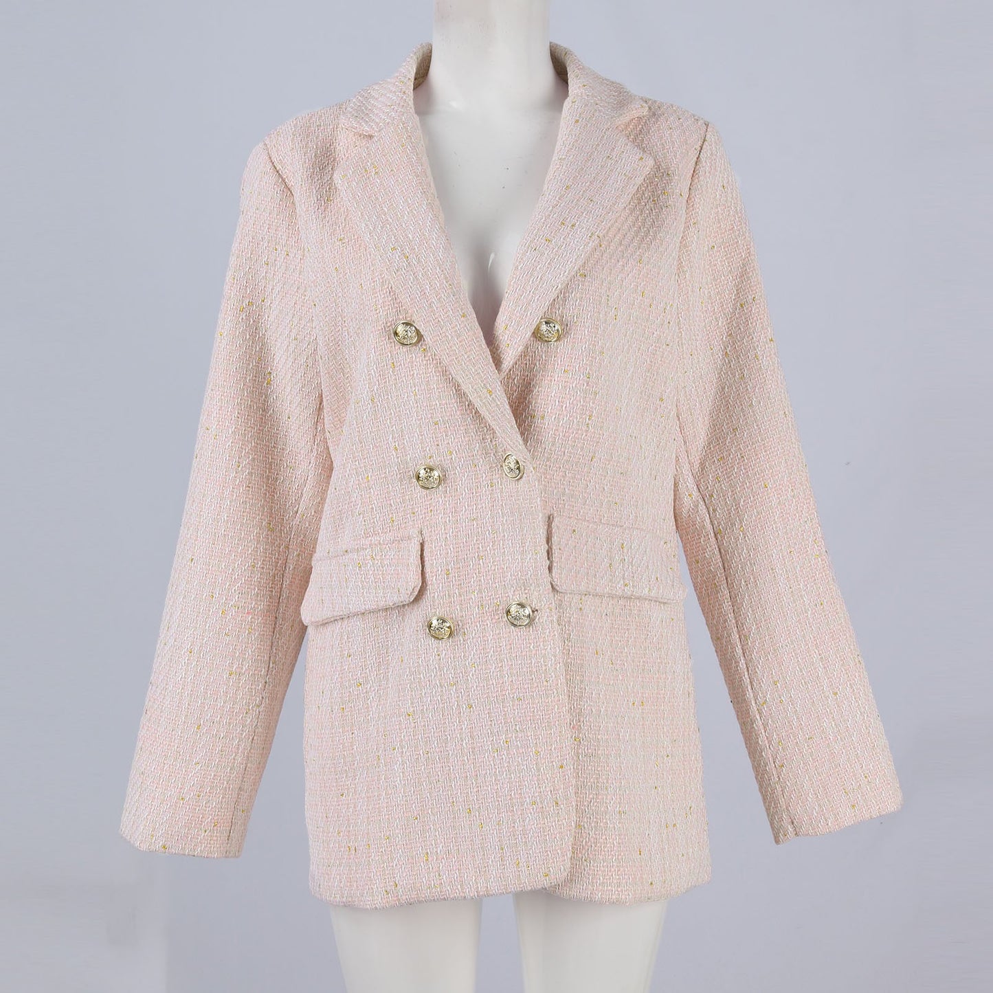 Women Fashion Tweed Double Breasted Blazer Coat Vintage Long Sleeve Flap Pocket image 5