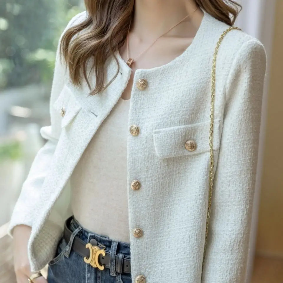 French Wool Tweed Coat Fashion High-end Gold Button Short Slim Temperament Spri image 1