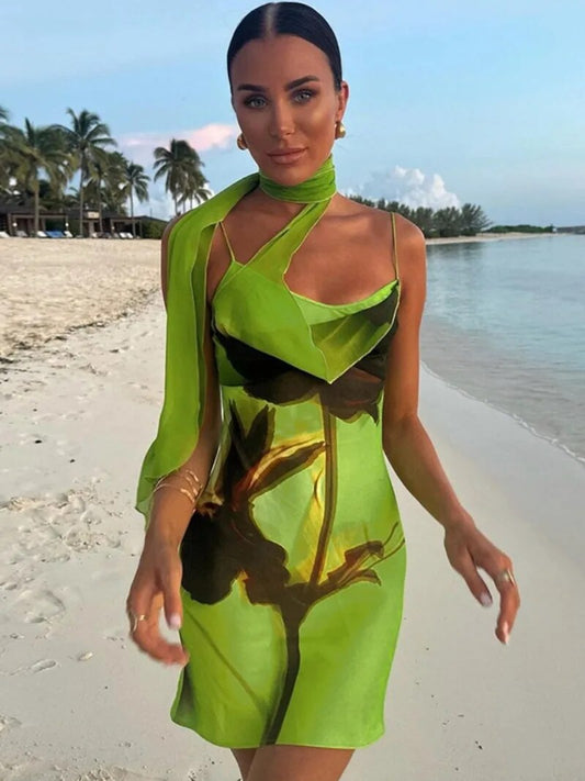 Green Print Bandage Mini Slip Dress 2024 Woman Clothing Sleeveless High Waist B image 0