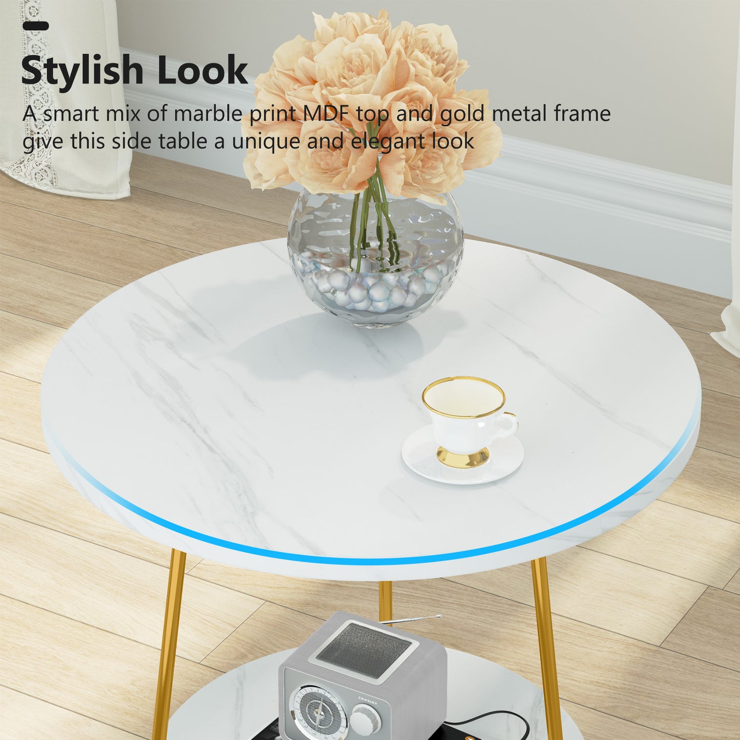 Tribesigns Faux Marble End Table, 2 Tier Round Side Table with Shelves, Modern image 4