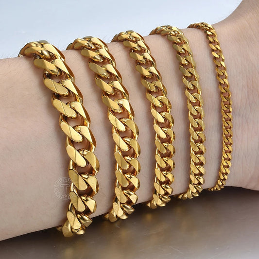 Women's Men's Bracelet Stainless Steel Cuban Link Chain Bracelets Gold Color Si image 0