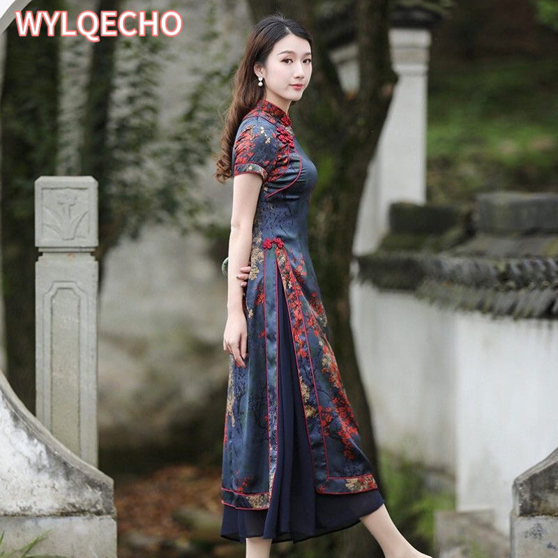 Vintage Vietnam Traditional Ao Dai Flower Print Chiffon Long Cheongsam Chinese  image 4