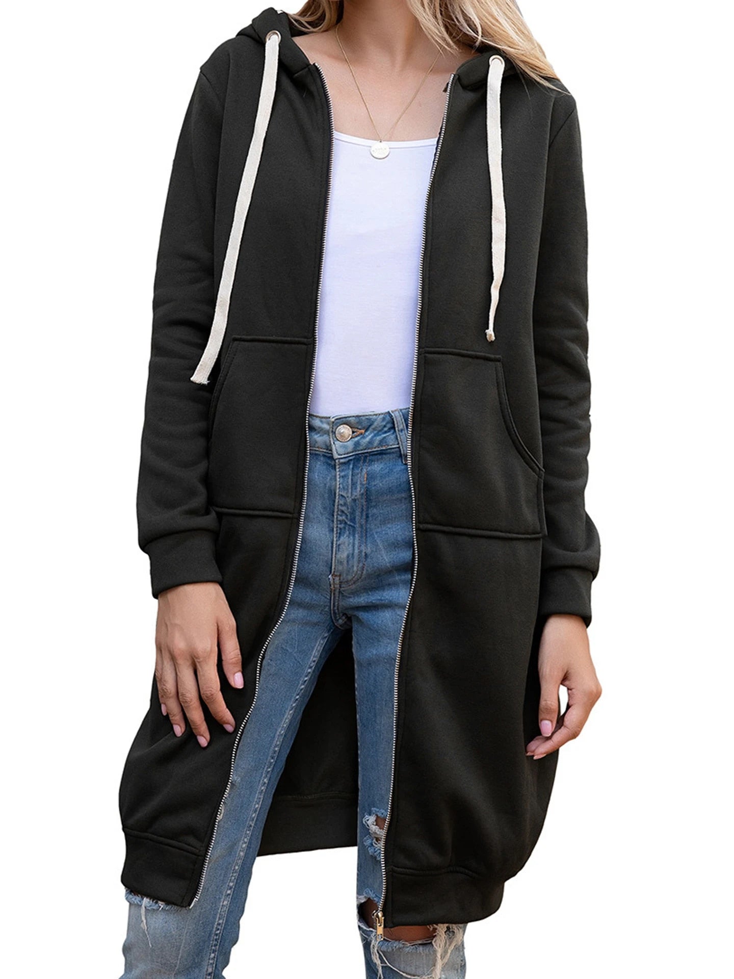 Once 2023 Casual Women Long Hoodies Sweatshirt Coat Zip Up Outer Wears Hooded J image 5