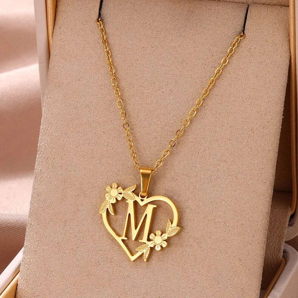 Gold Color Dainty Flower Initials Necklace Women Girl Stainless Steel Heart Let image 12