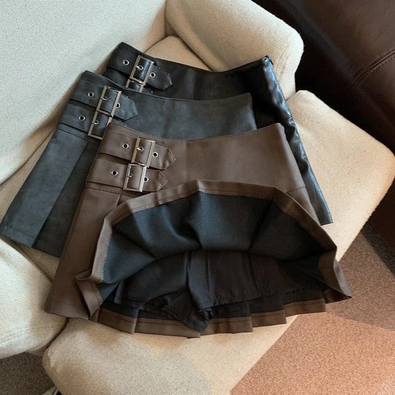 MEXZT Y2K Pu Leather Mini Skirts Women Streetwear High Waist Pleated Skirt Vint image 5