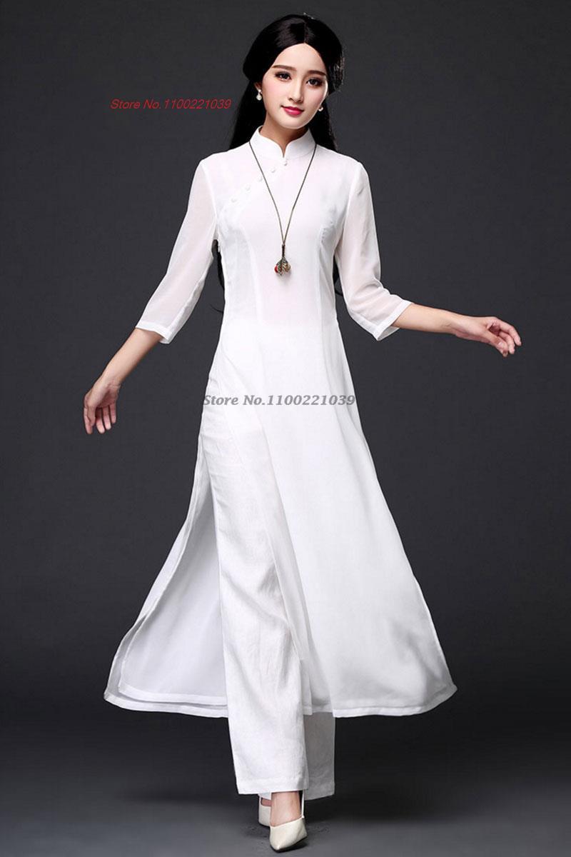 2024 traditional folk style aodai dress+pants set vietnam chiffon aodai elegant image 6