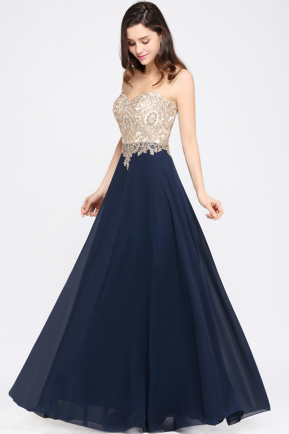 US Ship Navy Floral Lace Chiffon Beach Women Dress Luxury Beads Zipper Back Max image 0