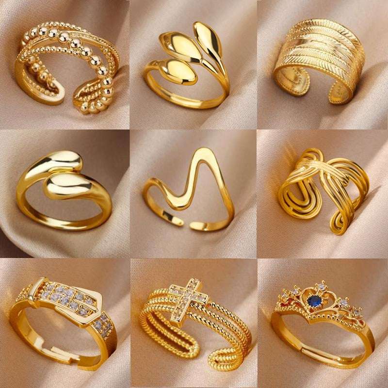48 Style Women Stainless Steel Rings Gold Color Hollow Out Geometric Open Ring  image 1