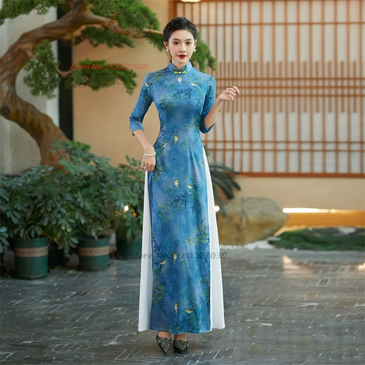 2024 vietnam traditional dress improved qipao national flower print vietnam ao  image 0