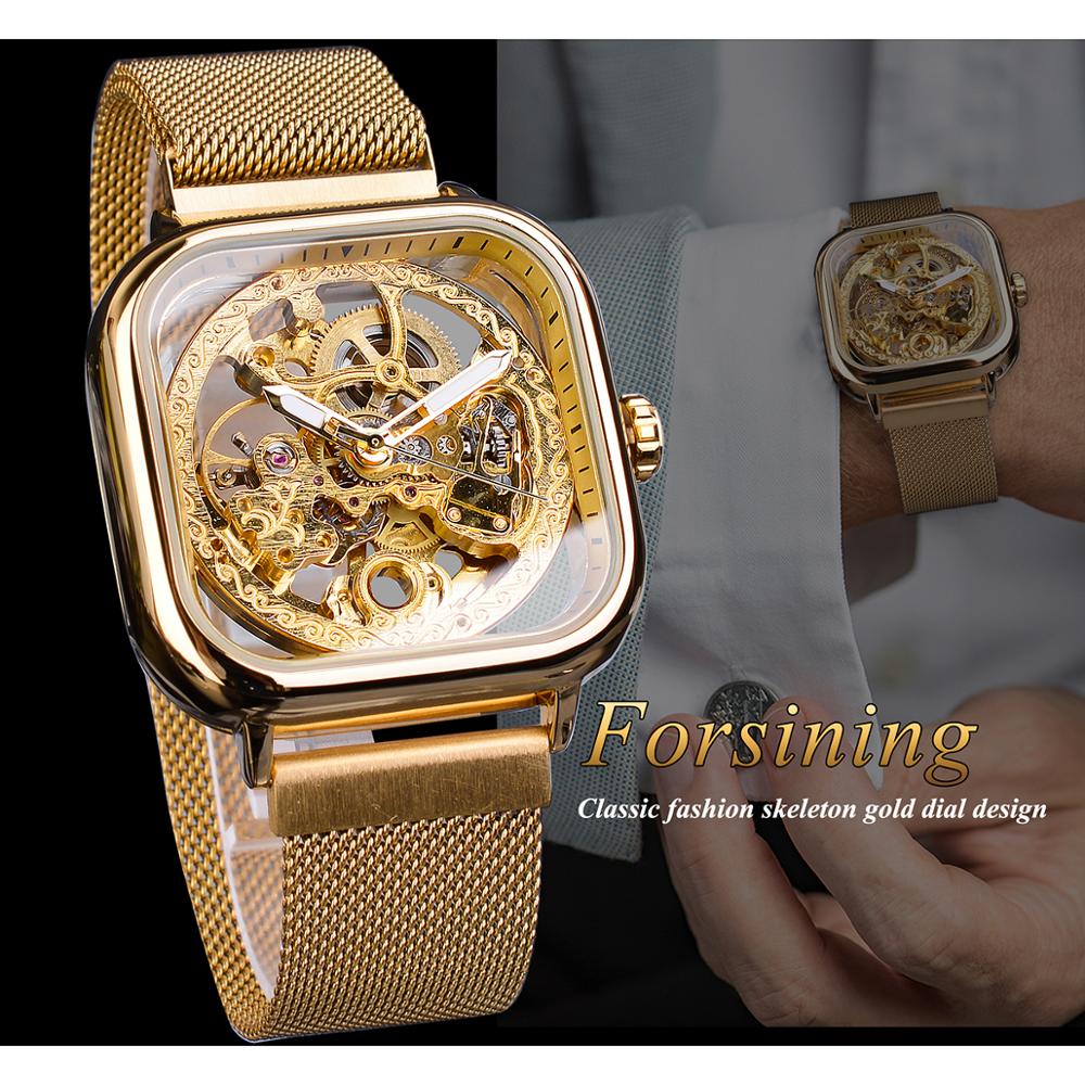 Forsining Golden Men Automatic Watch Square Skeleton Mesh Steel Band Mechanical image 3