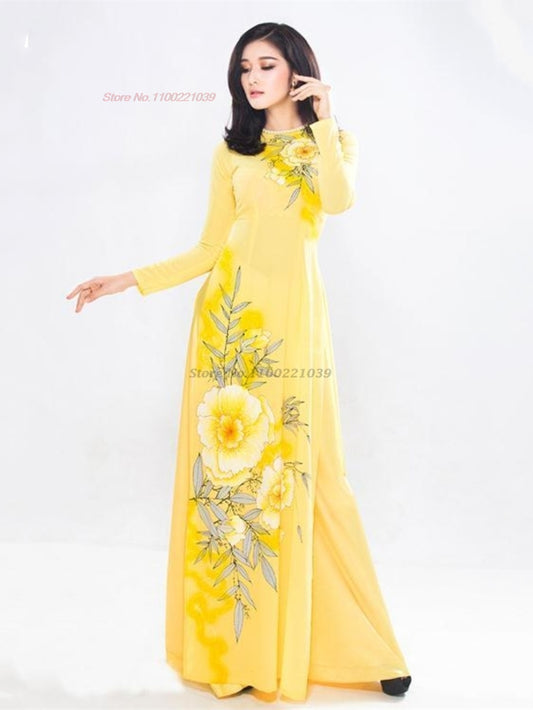 2024 vietnam traditional dress aodai national dress+pants set flower print qipa image 0