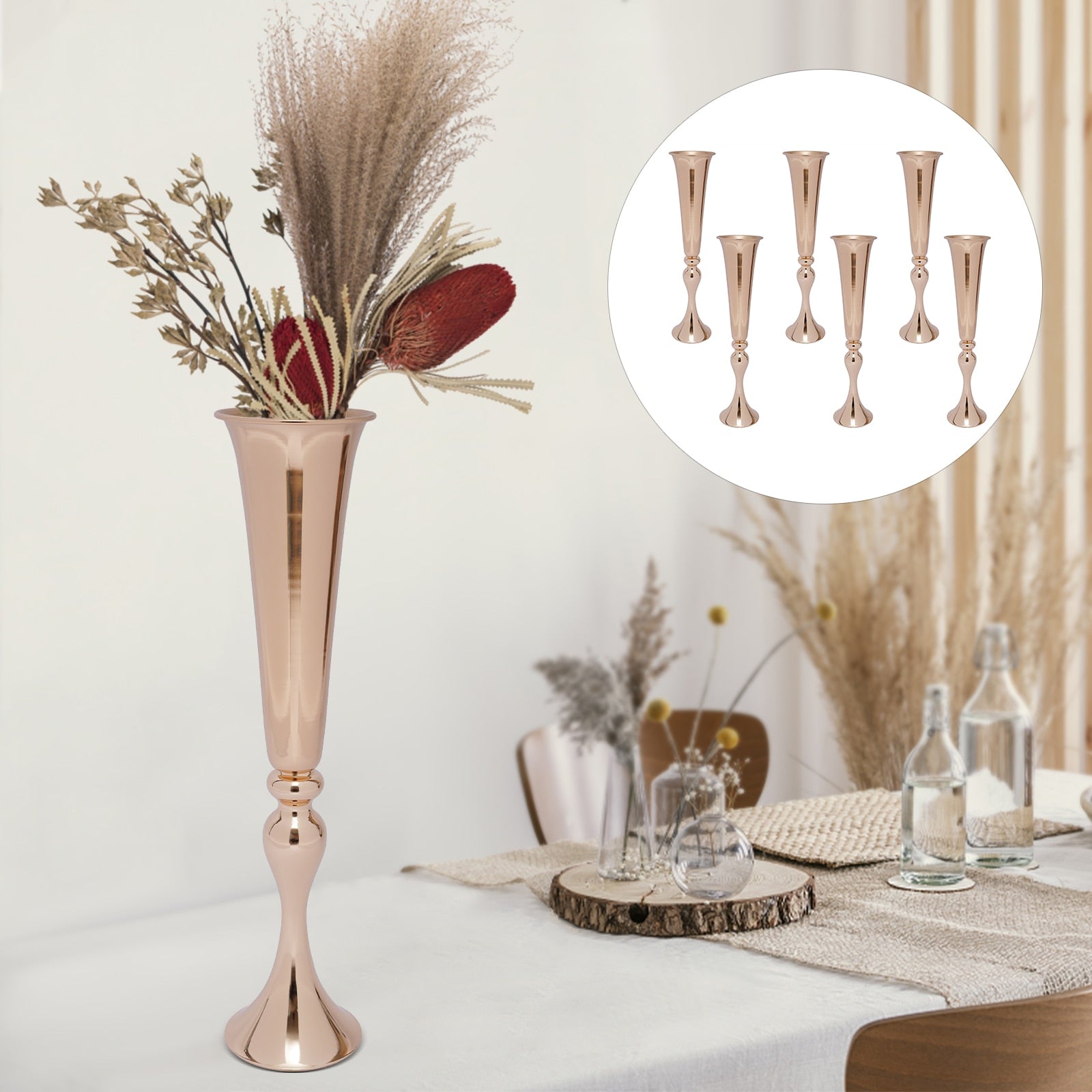 6Pcs Metal Trumpet Vases Desktop Metal Large and Tall Vases Flower Holder Gold image 3