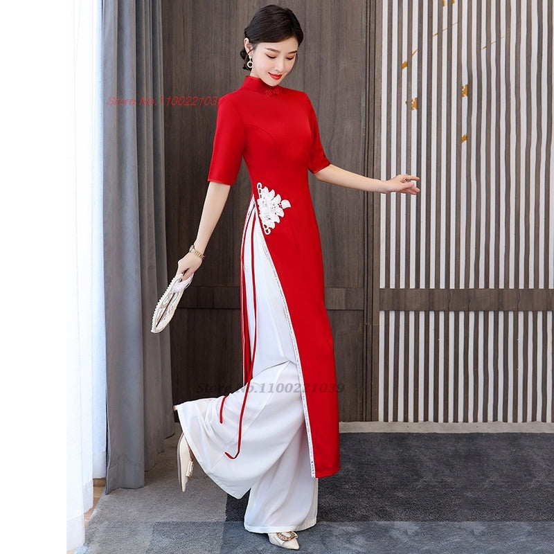 2024 vietnam aodai dress cheongsam national flower embroidery dress+pants set i image 2