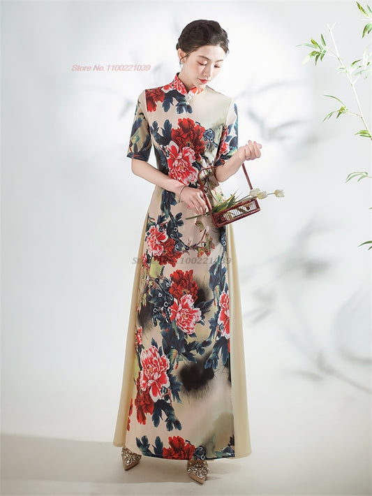 2024 chinese improved qipao dress vintage flower print cheongsam vietnam ao dai image 0