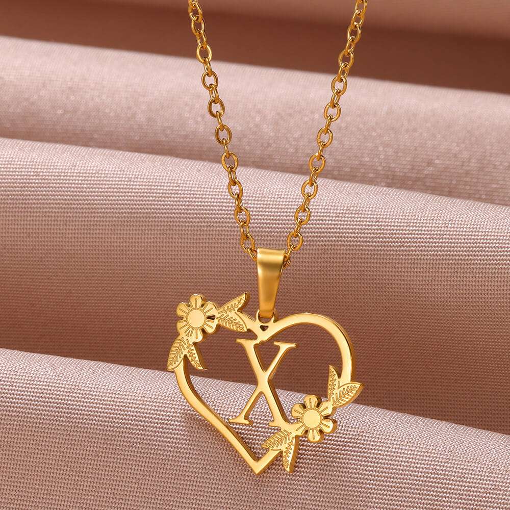 Gold Color Dainty Flower Initials Necklace Women Girl Stainless Steel Heart Let image 19
