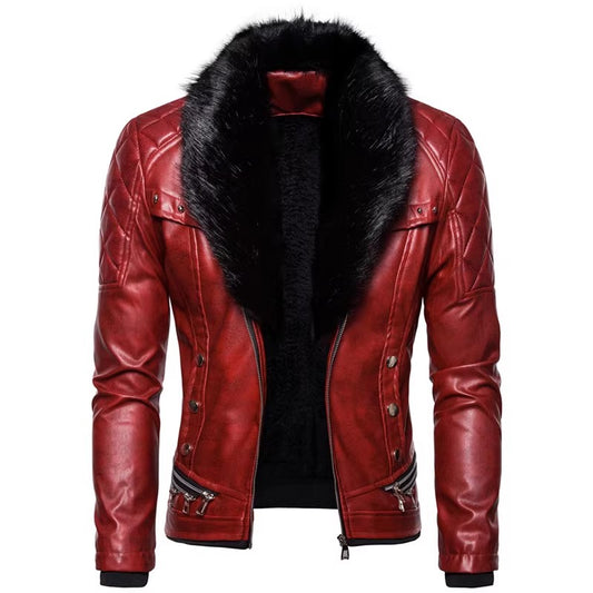 New Winter Fleece Motorcycle Leather Jacket Men Turn Down Fur Collar Slim Fit W image 0