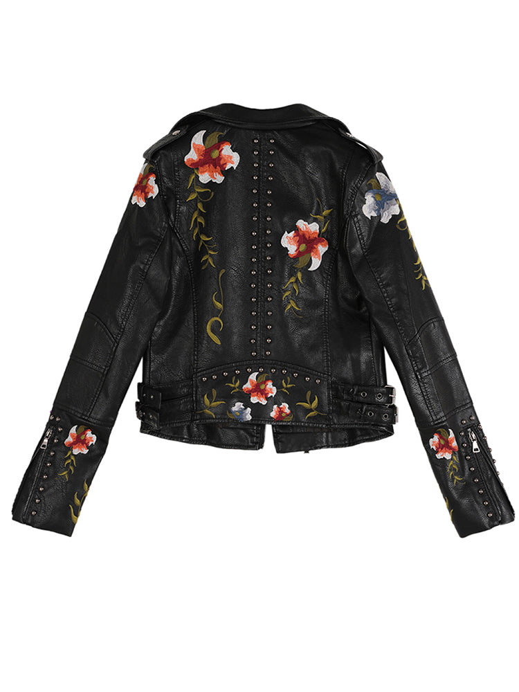 Ftlzz Women Floral Print Embroidery Faux Soft Leather Jacket Coat  Turn-down Co image 4