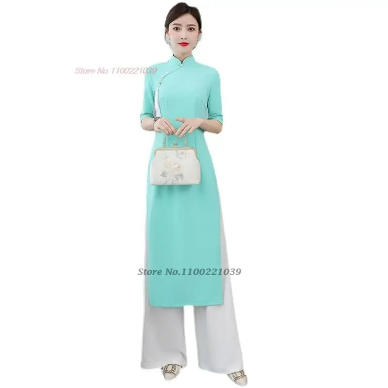 2024 vietnam traditional clothing aodai vietnam dress+pants set improved cheong image 3
